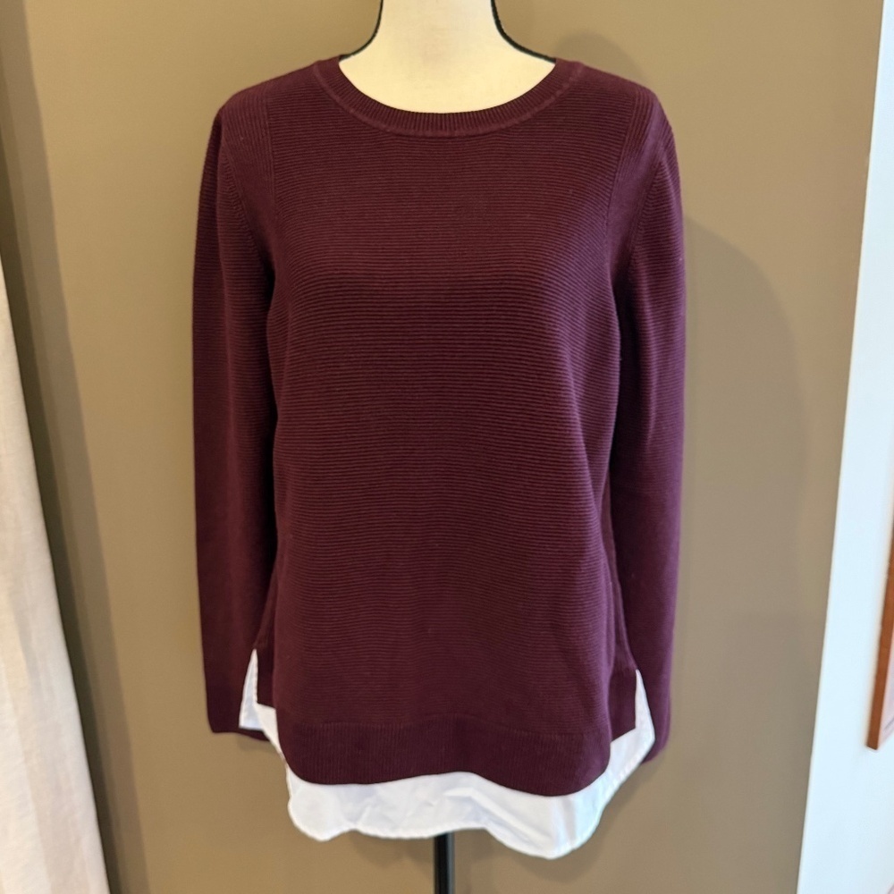 Hilary Radley Women’s Burgundy Wine Ribbed Crewneck with Blackwhite hem, Size L